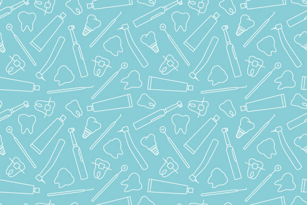 seamless pattern with dental pattern, toothbrush, implant, tooth bracket, paste, dentist tools outline icons seamless pattern with dental pattern, toothbrush, implant, tooth bracket, paste, dentist tools outline icons- vector illustration dentist stock illustrations