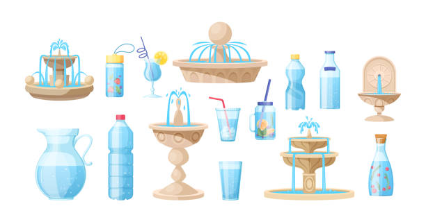 Different plastic, glass water packaging and fountains set Different plastic, glass water packaging and fountains set. Bottle, jug, glass, cup with fresh clean water and classic marble fountains. Water related symbols cartoon vector marble cartoons stock illustrations