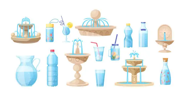 Vector illustration of Different plastic, glass water packaging and fountains set