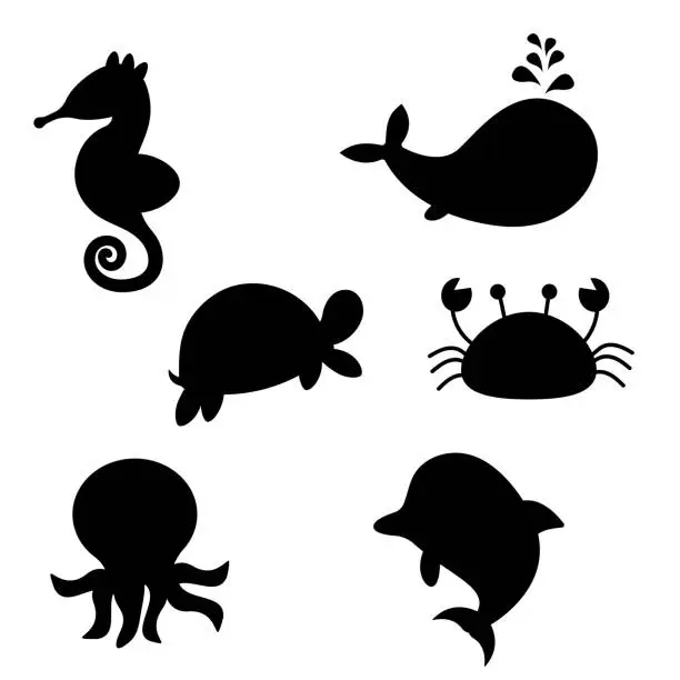 Vector illustration of Sea animals in silhouette style. Vector illustration
