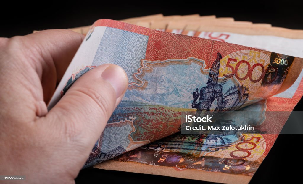 Banknotes in denominations of five thousand Kazakhstani tenge Currency Stock Photo