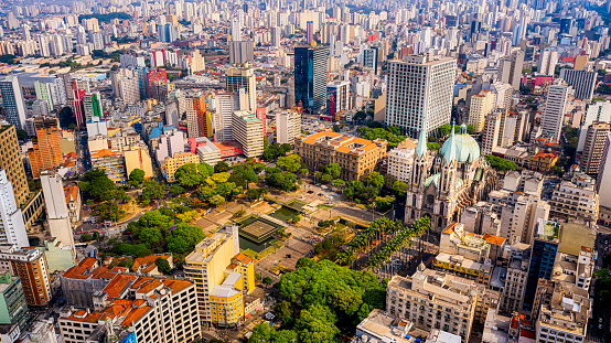 Aerial view of the cathedral located in the middle of Sao Paulo and the city in the background