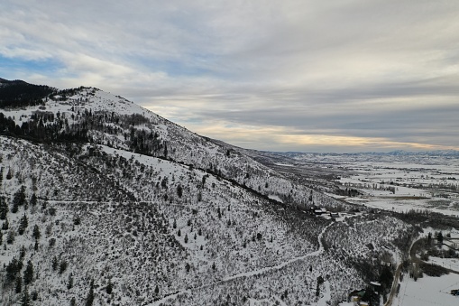 Aerial view of snowy mountains in Utah