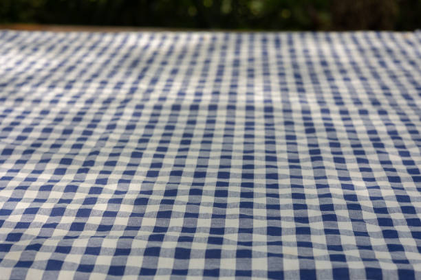 istock Selective focus and close up shot of white-blue checker pattern fabric on table shows beautiful detail woven textile. It is retro or vintage background or backdrop for traditional scottish garment. 1419908964