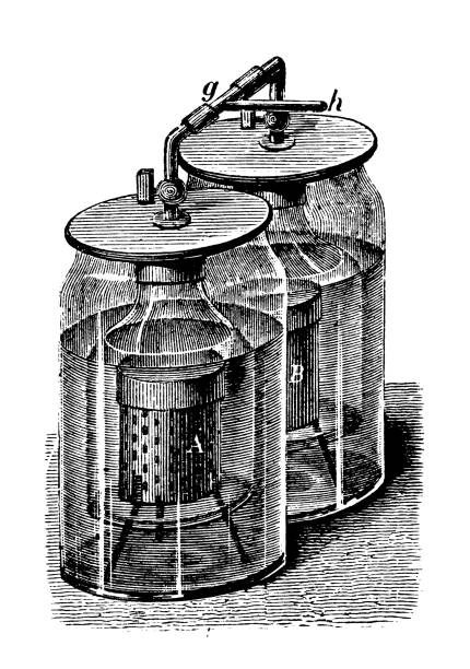 ilustrações, clipart, desenhos animados e ícones de ilustração antiga, princípios e experimentos de física, calor e temperatura: condensação de ácido carbônico - carbonic acid