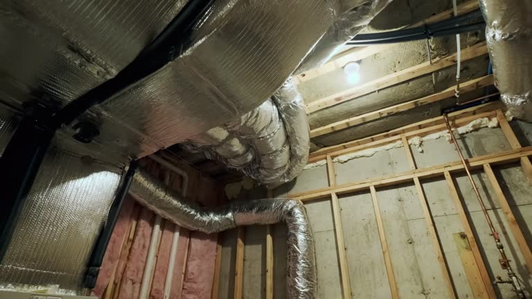 Ceiling mounted hvac system under insulated air conditioner return in home in a house under construction. Move camera