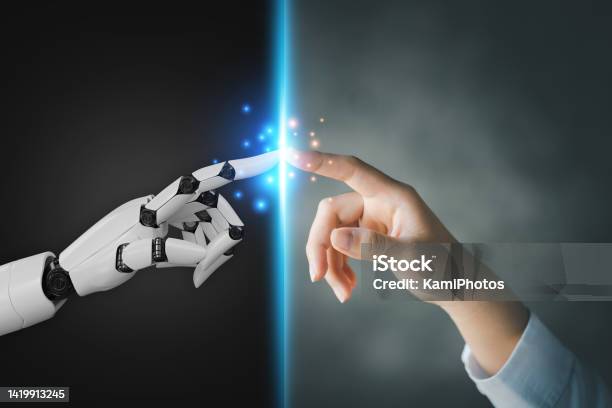 Robot And Human Hands Pointing To Each Other The Idea Of Creating Futuristic Ai Intelligent Systems To Work Instead Of Humans And Do What Humans Cant Creating Innovative Technology Of The Future Stock Photo - Download Image Now