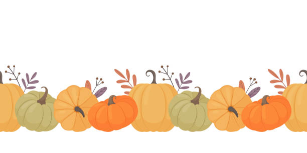 ilustraciones, imágenes clip art, dibujos animados e iconos de stock de borde sin costuras de calabaza. - september november pumpkin october