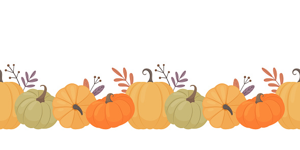 A variety of colorful pumpkins and autumn leaves on a white background. Vector illustration for the design of autumn holidays
