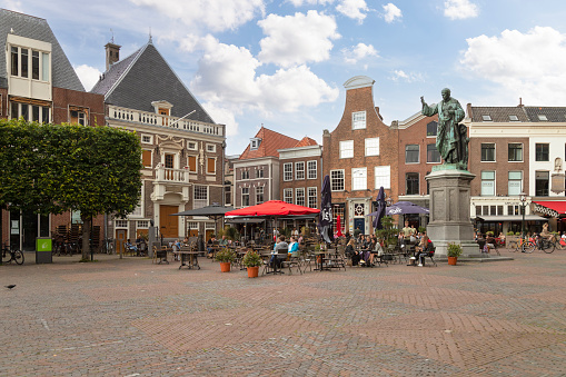 Haarlem, Netherlands, August 3, 2021; Grote Markt with the statue of Laurens Janszoon Coster in the center of the city.