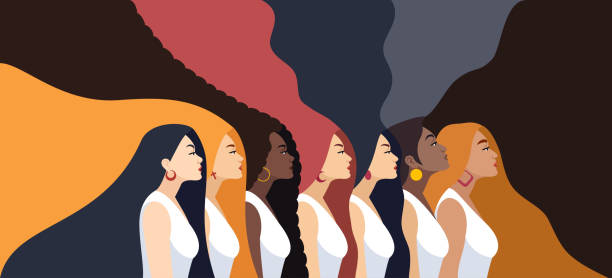 многонациональная группа. красивые женщины с длинными и абстрактными волосами. сила женщин. - indian girls illustrations stock illustrations