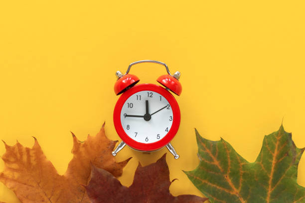istock Alarm clock and maple autumn leaves on a yellow background. Free space. 1419916117