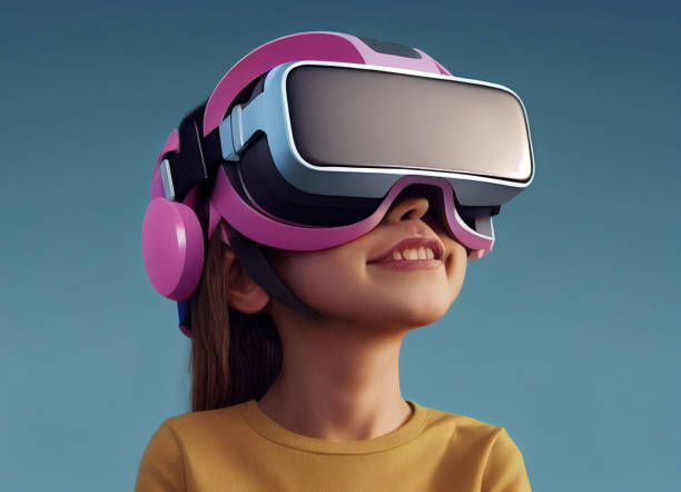 render 3d de una niña jugando un juego de realidad virtual - nativo digital fotografías e imágenes de stock