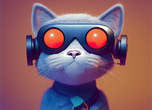 A happy cat playing video games with a virtual reality headset on. 3d render cartoon style.