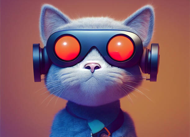 3d Render of a cat playing video games with a vr headset stock photo