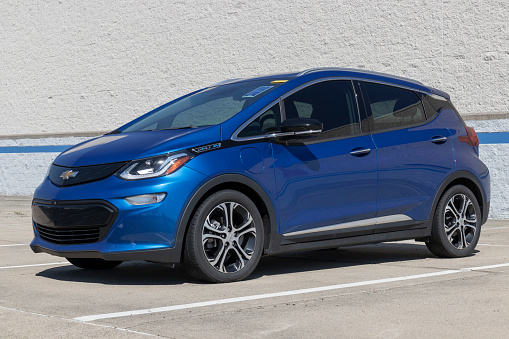 Indianapolis - Circa August 2022: Chevrolet Bolt EV electric vehicle display. Chevy is a division of GM and offers the Bolt EV with a range of up to 259 miles.