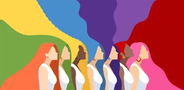 Vector illustration of Pride parade. Colorful LGBT pride month banner. Multi-ethnic group. Beautiful women with long and abstract hair.