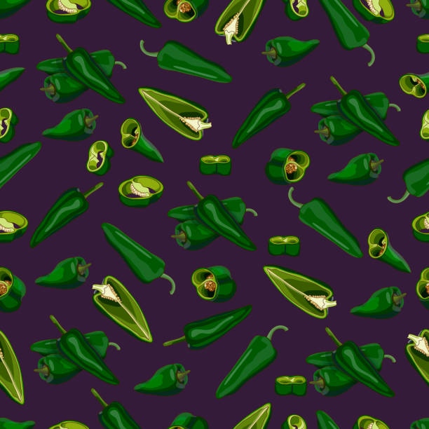 Seamless pattern with whole, half, wedges, slices of Poblano peppers. Chili peppers. Ancho. Chile ancho. Capsicum annuum. Vegetables. Vector illustration isolated on purple background. Cartoon style. Seamless pattern with whole, half, wedges, slices of Poblano peppers. Chili peppers. Ancho. Chile ancho. Capsicum annuum. Vegetables. Vector illustration isolated on purple background. Cartoon style. ancho stock illustrations