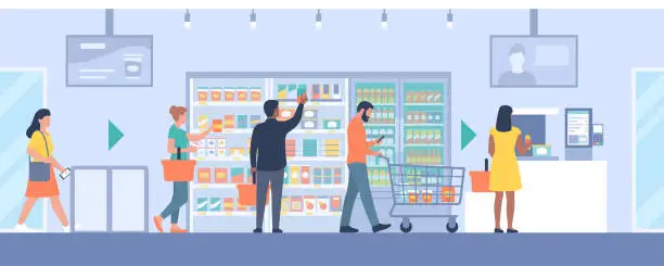 Vector illustration of People doing grocery shopping and using a self-checkout