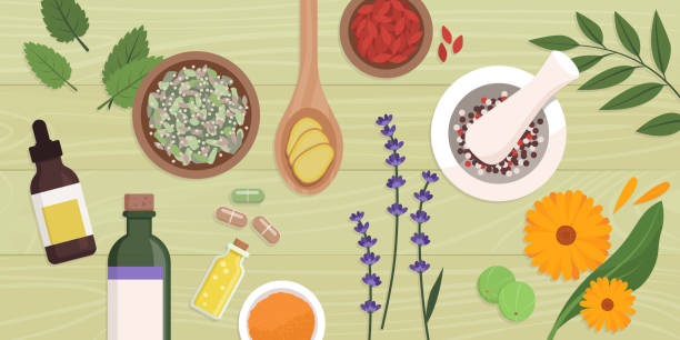 ilustrações, clipart, desenhos animados e ícones de cura natural e fitoterápicos - mortar and pestle ayurveda spice chinese medicine