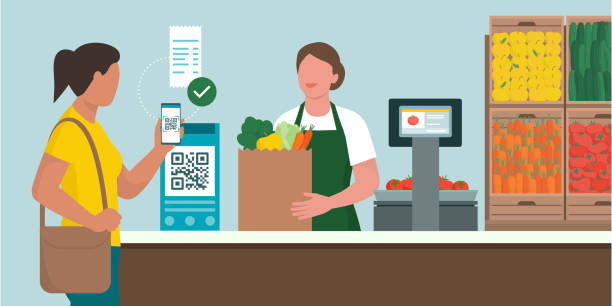 ilustrações de stock, clip art, desenhos animados e ícones de woman making a qr code payment at the grocery store - retail occupation cash register retail selling