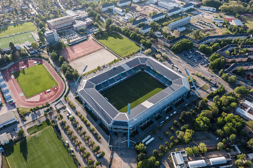 Rostock, Mecklenburg-Vorpommern, Germany - May 2022: Aerial view over Ostseestadion, home stadium of FC Hansa Rostock