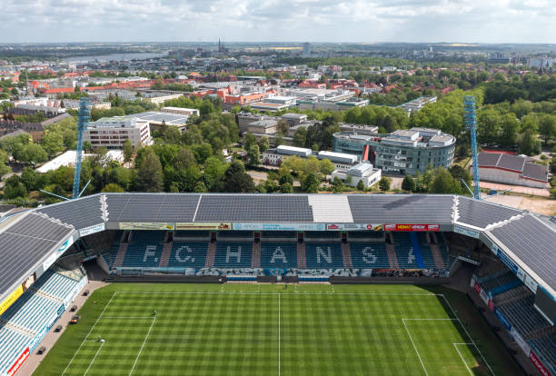 FC Hansa Rostock stadium. Aerial view Rostock, Mecklenburg-Vorpommern, Germany - May 2022: Aerial view over Ostseestadion, home stadium of FC Hansa Rostock hansa rostock photos stock pictures, royalty-free photos & images