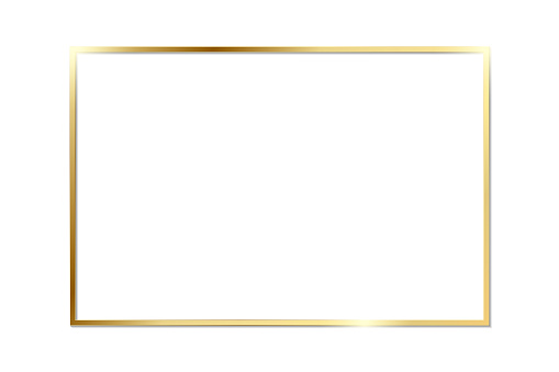Gold shiny glowing vintage frame with shadows isolated on transparent background. Golden luxury realistic rectangle border. Stock royalty free vector illustration. PNG