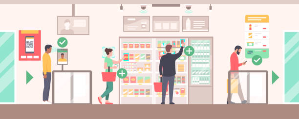 People doing grocery shopping at the automated AI convenience store People doing grocery shopping at the fully automated AI convenience store contactless airport stock illustrations
