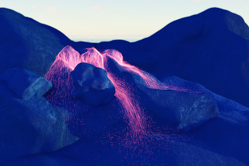 Minimalist landscape with blue mountains and a waterfall of luminous pink violet particles.