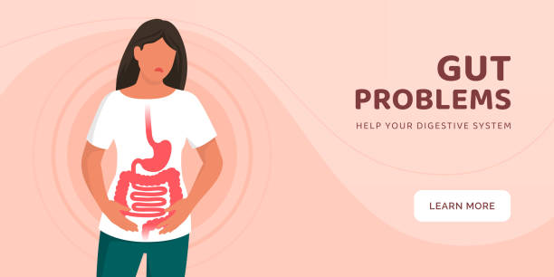 Sad woman with gut problems Sad painful woman with inflammatory bowel disease: gut problems and constipation banner intestinal tract infection stock illustrations