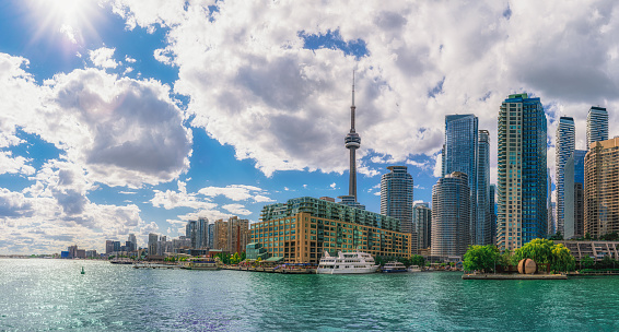 This photo was taken on October 6, 2022 from the bay of lake Ontario on the Lake shore cityscape, Toronto, Ontario, Canada.