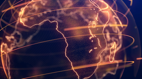 3d Render Cinematic Digital Technological Earth, Africa continent and its surroundings (Depth Of Field)