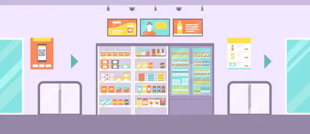 Vector illustration of Unmanned convenience store interior with shelves