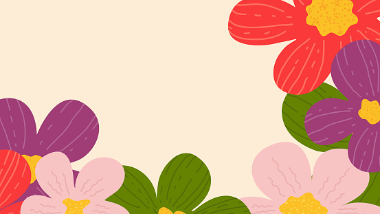 Large vector flowers of bright and juicy colors drawn with a stylus by hand. The template is a frame for mobile Apps and for adding text. Flat design style.