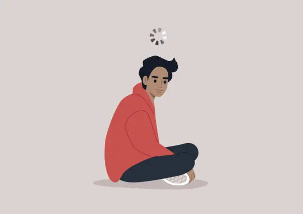 Vector illustration of A young character spacing out with a loading circle spinning above their head