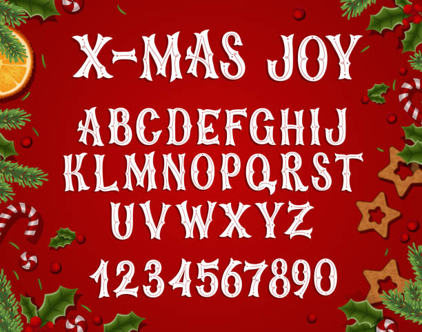 ilustrações, clipart, desenhos animados e ícones de fonte serif vetorial de natal festiva. typeet abc desenhado à mão com números. - christmas backgrounds holiday retro revival