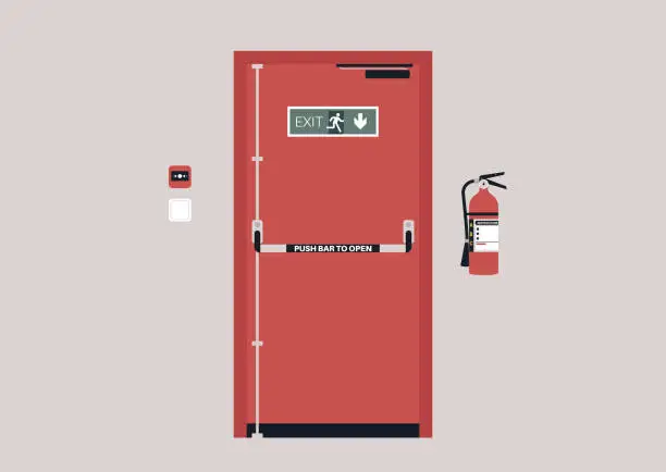 Vector illustration of Emergency exit door, alarm button and fire extinguisher, industrial safety