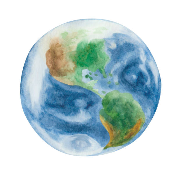 акварельная иллюстрация нарисованной вручную планеты земля с голубыми океанами, морями, зелеными, коричневыми горами, континентами, белым� - animal planet sea life stock illustrations