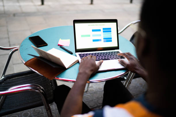 istock Back view of dark skinned male student studying graph charts using laptop application for elearning in street cafe, skilled IT professional searching diagram statistics on education websites 1419940763