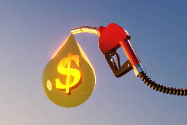 반짝이는 달러 표시가 들어있는 황금 기름의 큰 방울이있는 디젤 연료 펌프 건. 가스 가격 상승의 개념의 그림 - gasoline fossil fuel dollar sign fuel and power generation 뉴스 사진 이미지