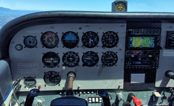Instrument panel of a small plane during a flight Flight instrumentation in the cockpit of a small plane in the air.  All required instrumentation, plus a GPS and radios are shown in the picture. flight instruments stock pictures, royalty-free photos & images