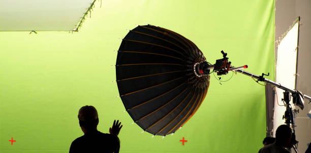 istock Big studio light equipments and man and green screen 1419942458