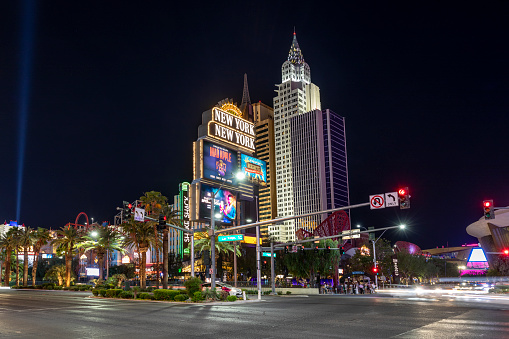 Las Vegas, USA - May 23, 2022:   New York-New York located on the Las Vegas Strip in Las Vegas by night with neon light.
