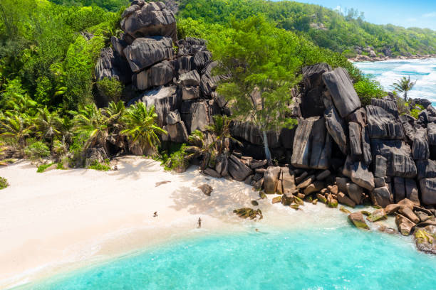 Grand Anse - one of the most beautiful beach of Seychelles. La Digue Island, Seychelles stock photo