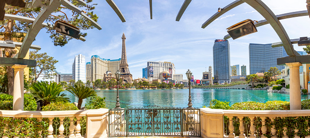 Las Vegas, USA - May 23, 2022: panorama view to the famous hotels and casinos at the strip like Eiffel tower,planet Hollywood, Bellagio, Ballys on daytime.