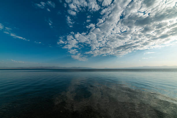Water landscape. Beautiful lake under blue sky with clouds.