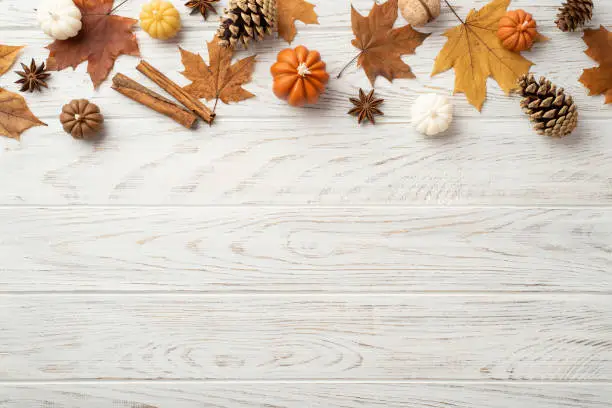 Photo of Autumn concept. Top view photo of maple leaves pine cones small pumpkins walnut anise and cinnamon sticks on isolated white wooden table background with copyspace