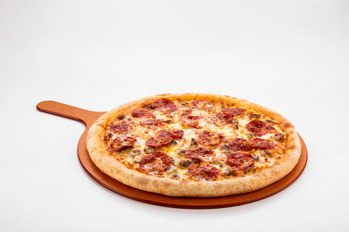Mozzarella margarita Favourite pizza served in a dish isolated on grey background side view of fastfood
