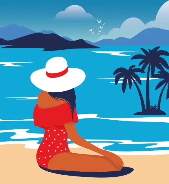 Vector illustration of Vector illustration of a girl in a hat and swimsuit on a summer vacation sunbathing in a bikini on the beach near the sea against the backdrop of mountains and palm trees